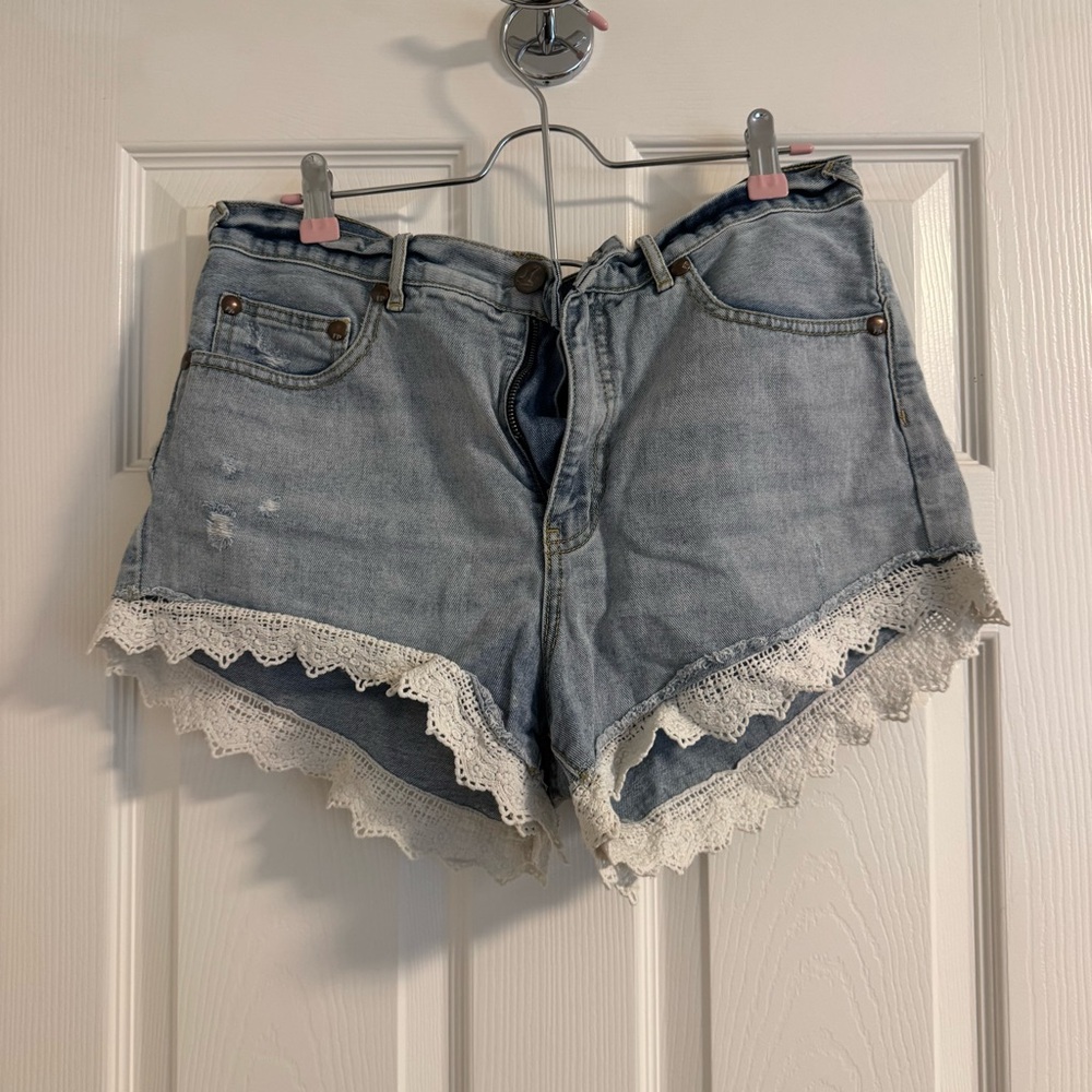 Free People Light Blue Jean Shorts with Lace Trim